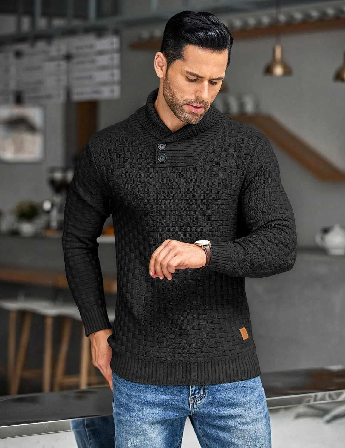 COOFANDY Men's Shawl Collar Pullover Sweater Casual Slim Fit Button Textured Knit Sweaters