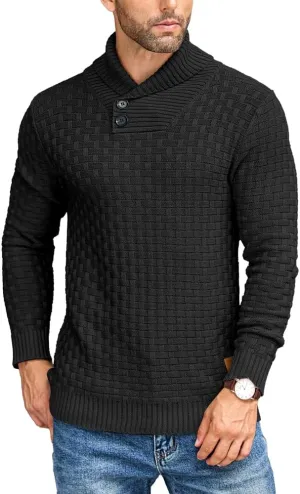 COOFANDY Men's Shawl Collar Pullover Sweater Casual Slim Fit Button Textured Knit Sweaters