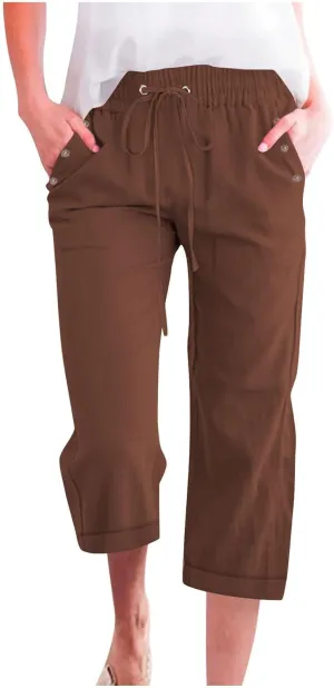 Cotton Linen Capris Pants for Women Summer 2025 Straight Wide Leg Loose Drawstring Elastic Waist Cropped Trousers