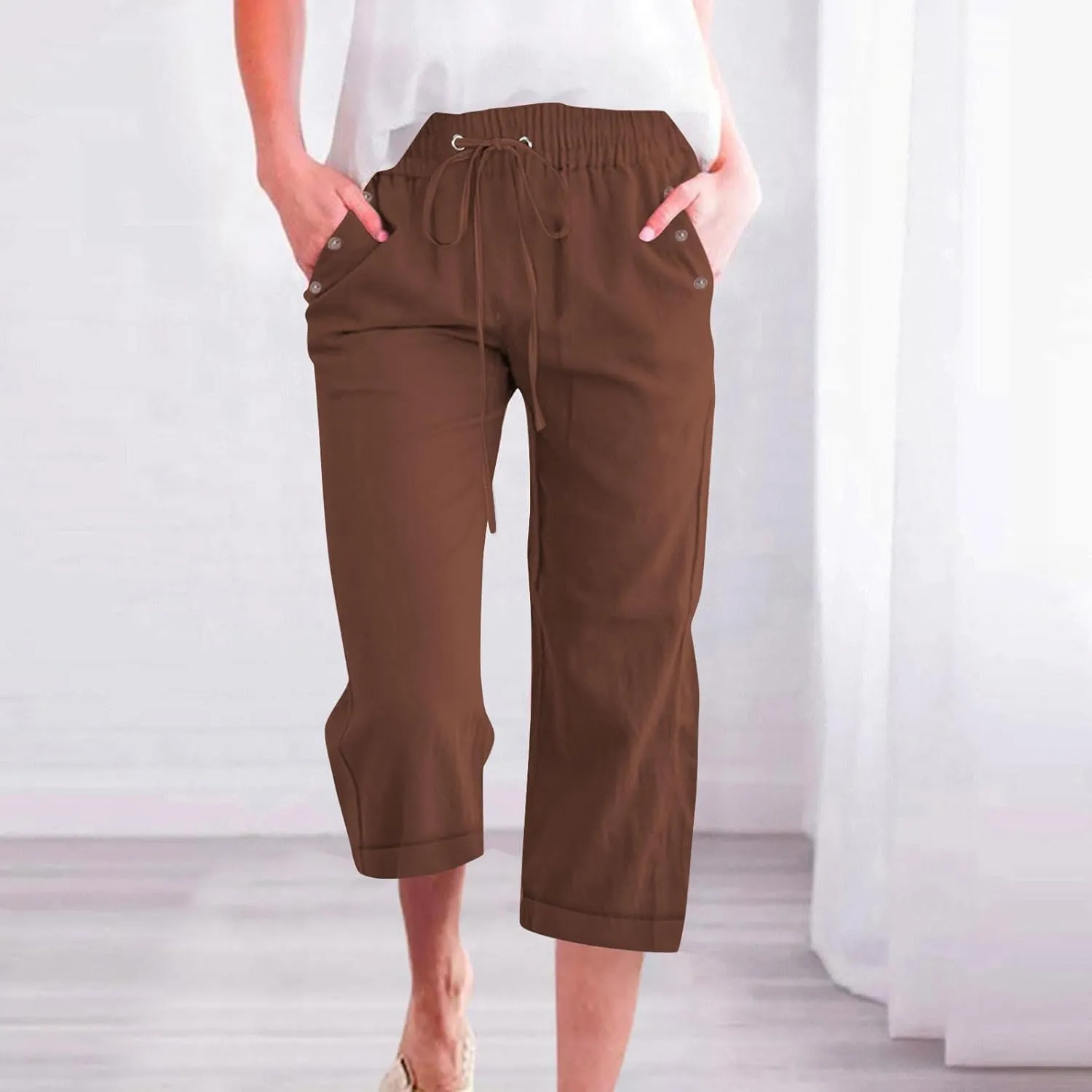 Cotton Linen Capris Pants for Women Summer 2025 Straight Wide Leg Loose Drawstring Elastic Waist Cropped Trousers