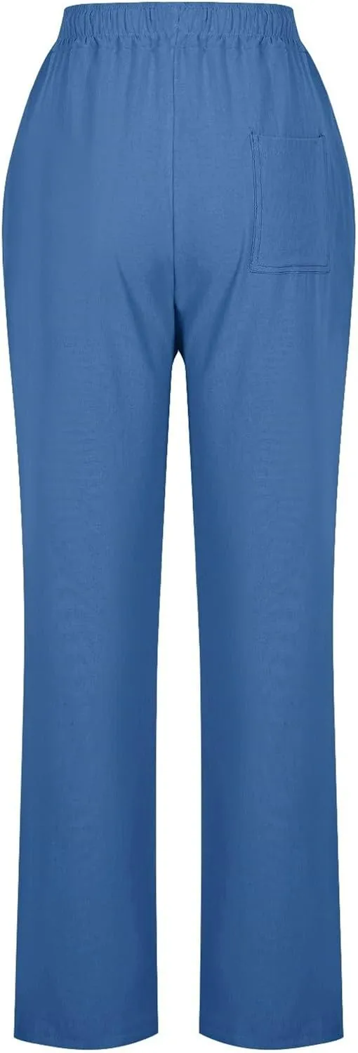 Cotton Linen Pants for Women Casual Summer Wide Leg Pants Drawstring High Waist Straight Leg Trousers with Pockets