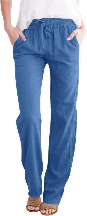 Cotton Linen Pants for Women Casual Summer Wide Leg Pants Drawstring High Waist Straight Leg Trousers with Pockets
