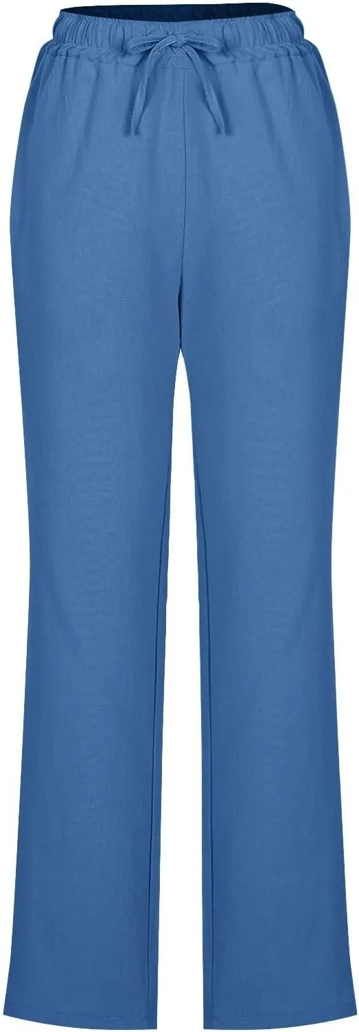 Cotton Linen Pants for Women Casual Summer Wide Leg Pants Drawstring High Waist Straight Leg Trousers with Pockets