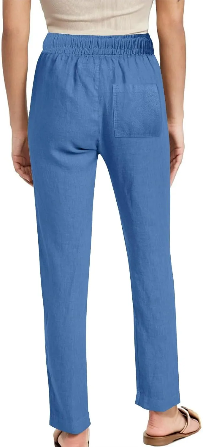 Cotton Linen Pants for Women Casual Summer Wide Leg Pants Drawstring High Waist Straight Leg Trousers with Pockets