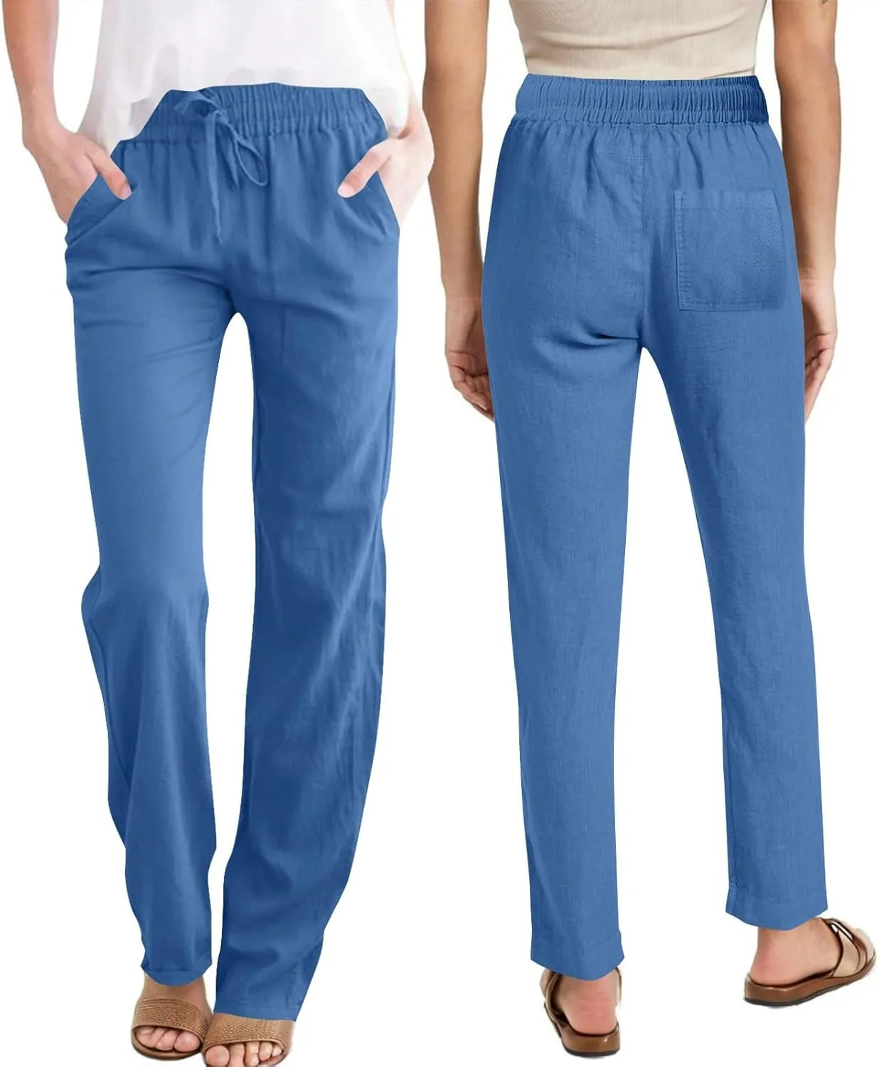 Cotton Linen Pants for Women Casual Summer Wide Leg Pants Drawstring High Waist Straight Leg Trousers with Pockets