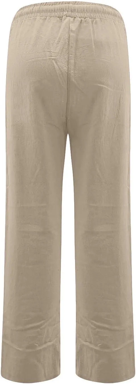 Cotton Linen Pants for Women Straight Leg Drawstring Long Trouser Loose Fit High Waist Beach Pants with Pockets