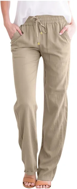 Cotton Linen Pants for Women Straight Leg Drawstring Long Trouser Loose Fit High Waist Beach Pants with Pockets