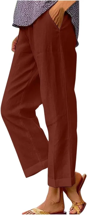 Cotton Linen Pants for Women Summer Lightweight Casual Cropped Pants Loose Fit Comfy Beach Trousers with Pockets
