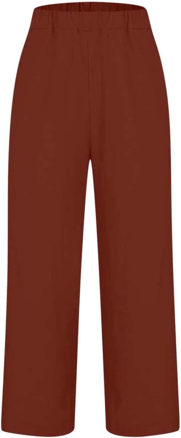 Cotton Linen Pants for Women Summer Lightweight Casual Cropped Pants Loose Fit Comfy Beach Trousers with Pockets