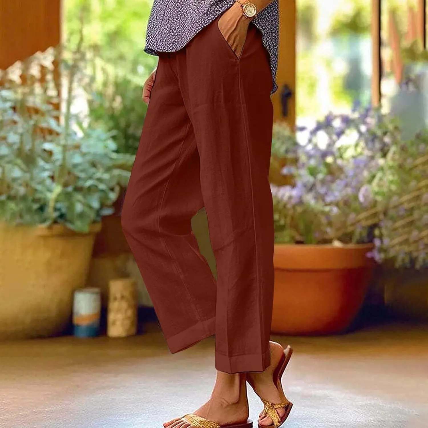 Cotton Linen Pants for Women Summer Lightweight Casual Cropped Pants Loose Fit Comfy Beach Trousers with Pockets