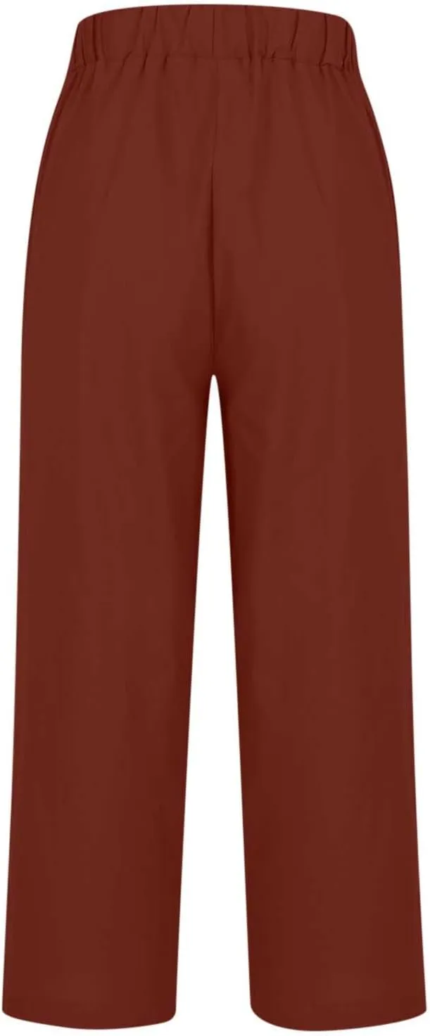 Cotton Linen Pants for Women Summer Lightweight Casual Cropped Pants Loose Fit Comfy Beach Trousers with Pockets
