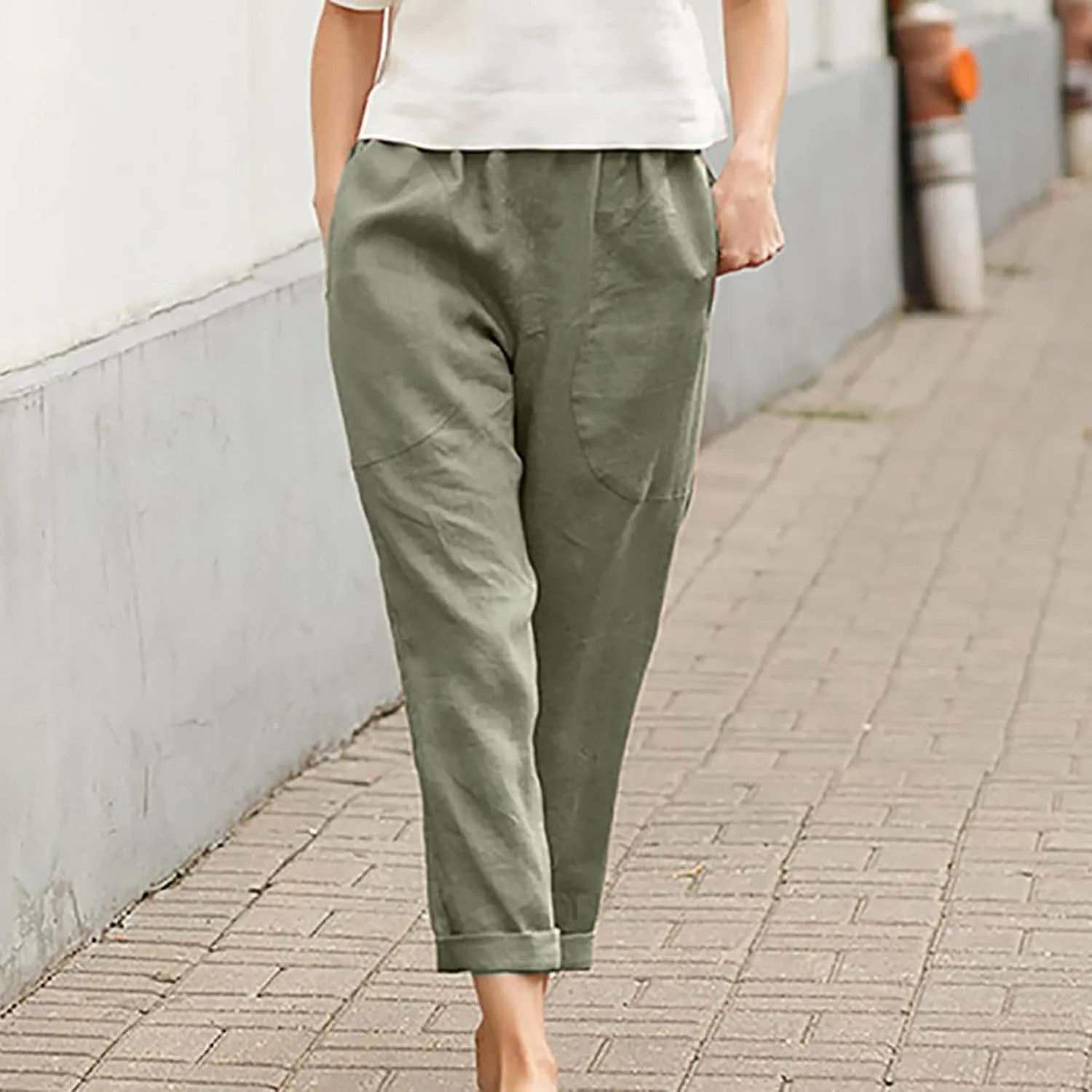 Cotton Linen Pants for Womens Elastic Waist Casual Pants Fashion Solid Color Lounge Long Trousers with Pockets