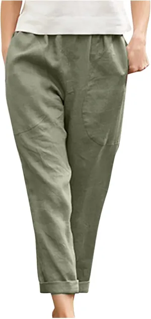 Cotton Linen Pants for Womens Elastic Waist Casual Pants Fashion Solid Color Lounge Long Trousers with Pockets