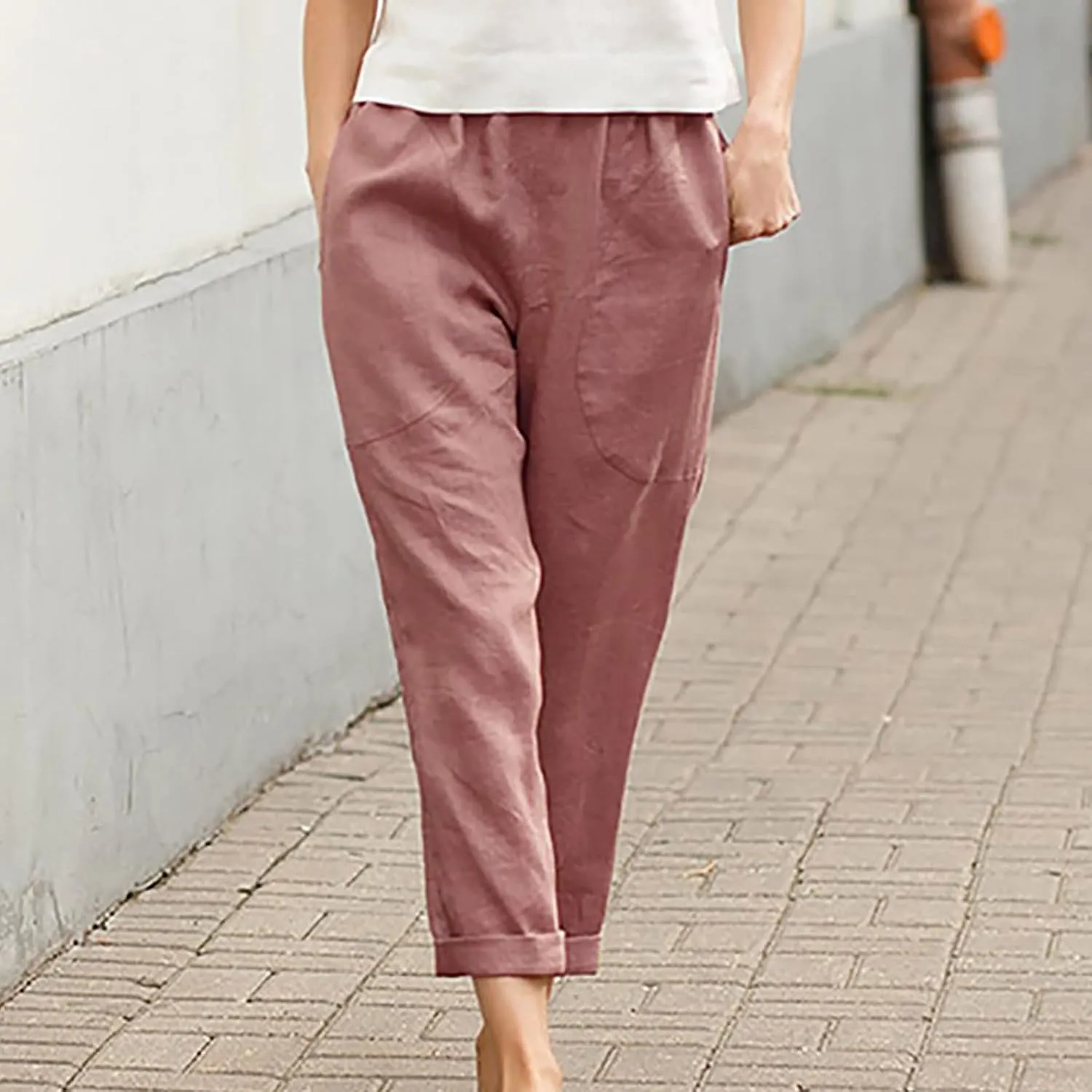 Cotton Linen Pants for Womens Elastic Waist Casual Pants Fashion Solid Color Lounge Long Trousers with Pockets