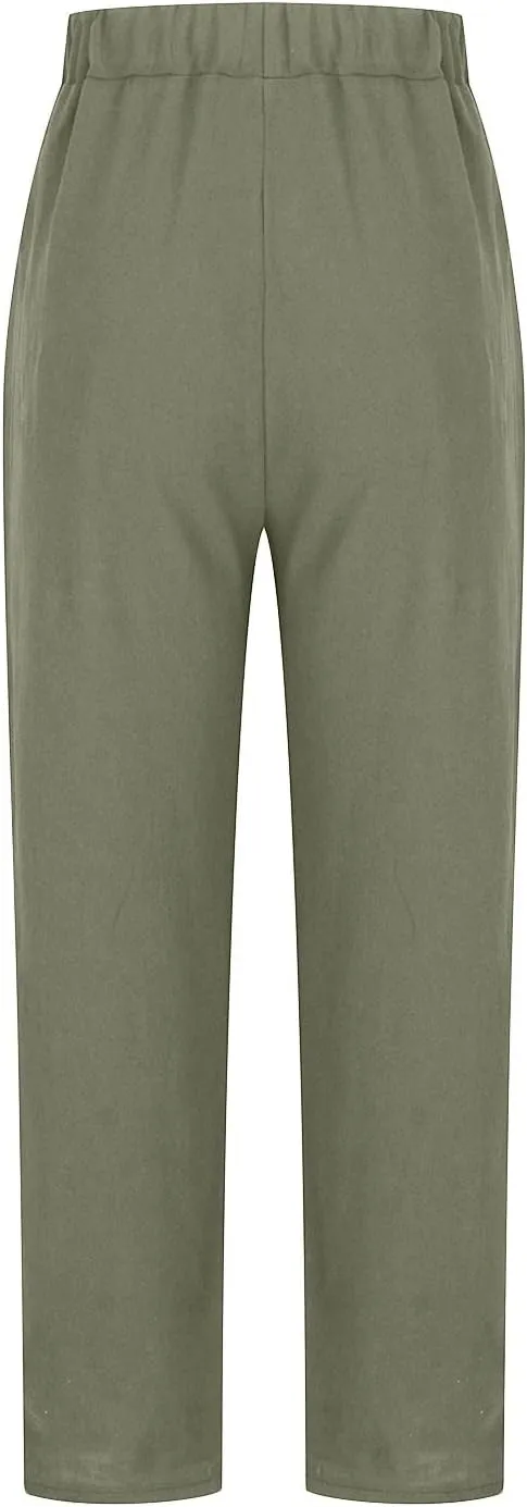 Cotton Linen Pants for Womens Elastic Waist Casual Pants Fashion Solid Color Lounge Long Trousers with Pockets