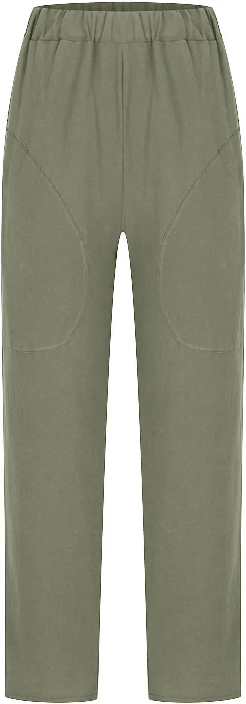 Cotton Linen Pants for Womens Elastic Waist Casual Pants Fashion Solid Color Lounge Long Trousers with Pockets