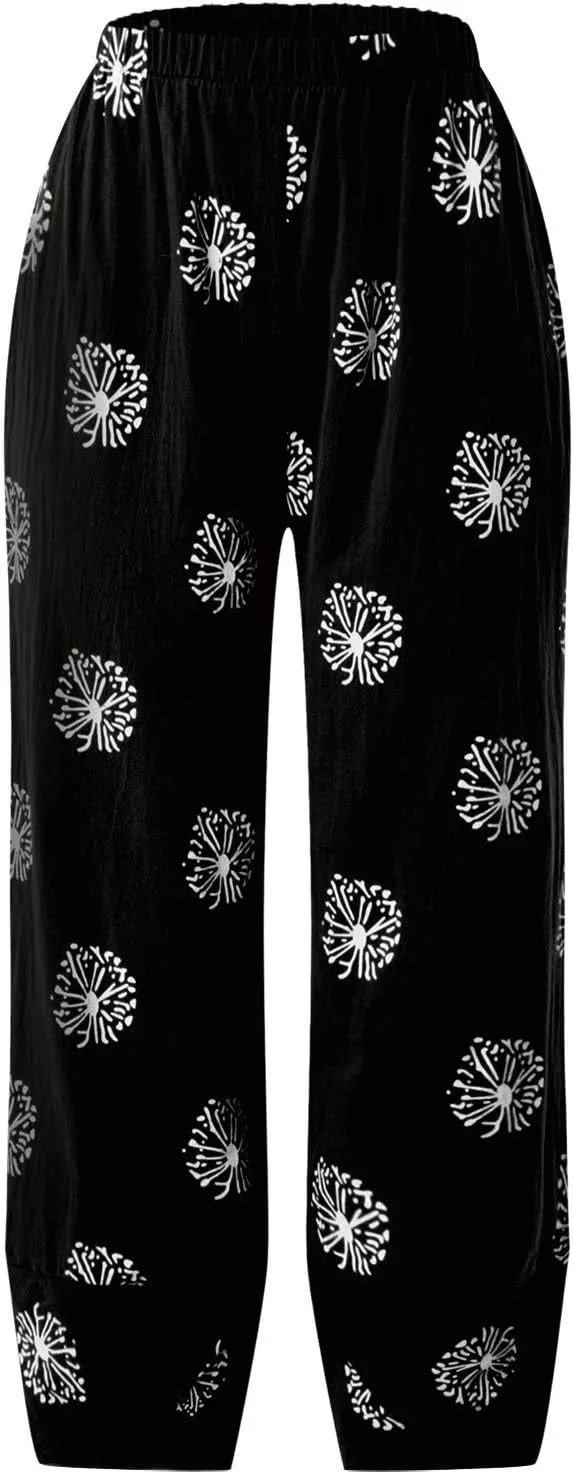 Cotton Linen Pants Women Casual Palazzo Trousers Baggy Wide Leg Pants Floral Print Summer Beach Vacation Pants with Pockets