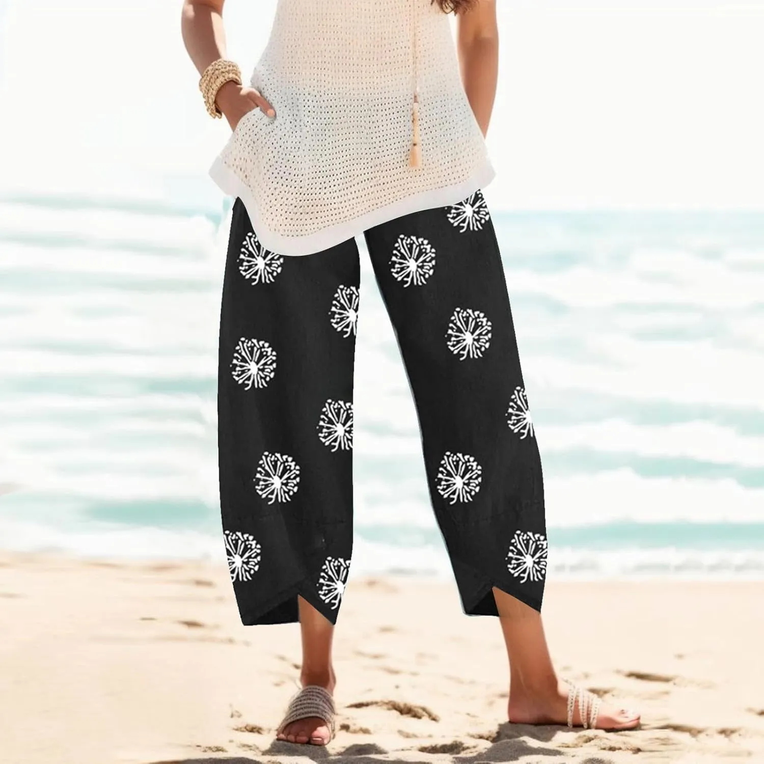 Cotton Linen Pants Women Casual Palazzo Trousers Baggy Wide Leg Pants Floral Print Summer Beach Vacation Pants with Pockets