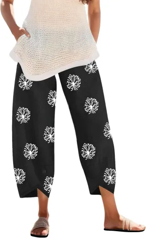 Cotton Linen Pants Women Casual Palazzo Trousers Baggy Wide Leg Pants Floral Print Summer Beach Vacation Pants with Pockets