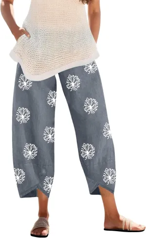 Cotton Linen Pants Women Casual Palazzo Trousers Baggy Wide Leg Pants Floral Print Summer Beach Vacation Pants with Pockets