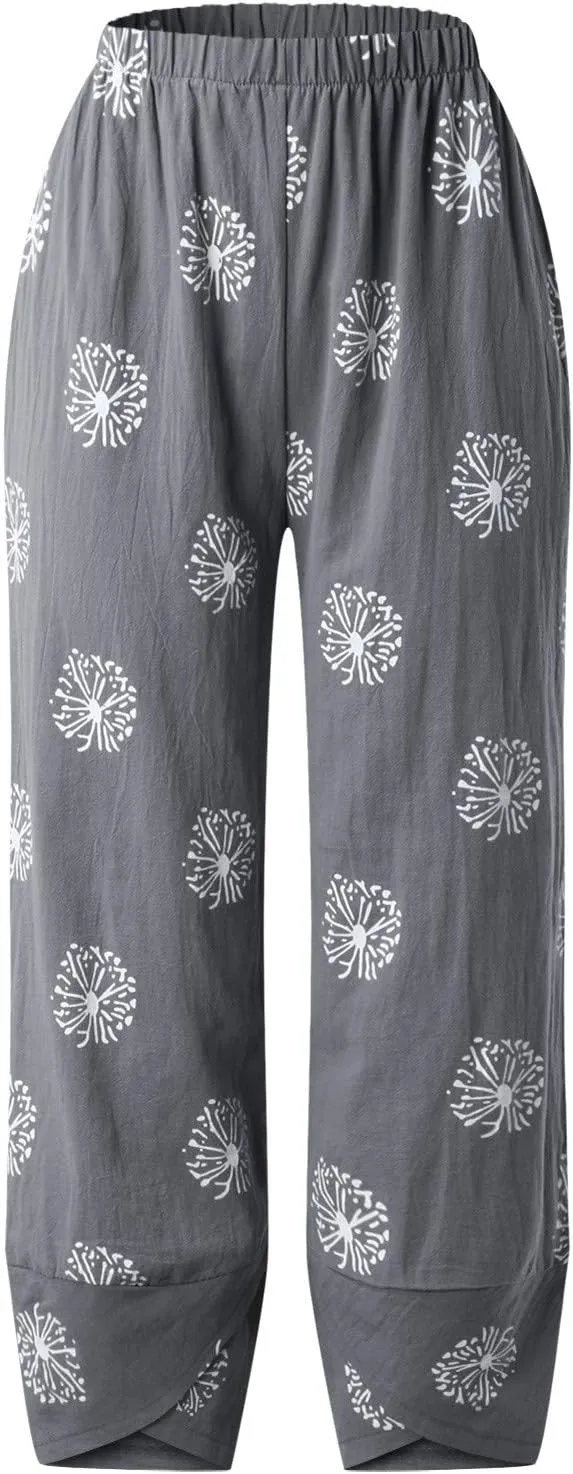 Cotton Linen Pants Women Casual Palazzo Trousers Baggy Wide Leg Pants Floral Print Summer Beach Vacation Pants with Pockets