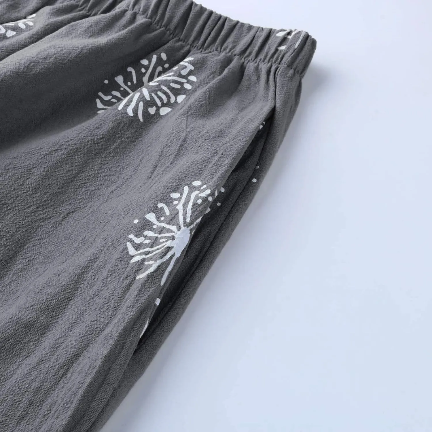 Cotton Linen Pants Women Casual Palazzo Trousers Baggy Wide Leg Pants Floral Print Summer Beach Vacation Pants with Pockets