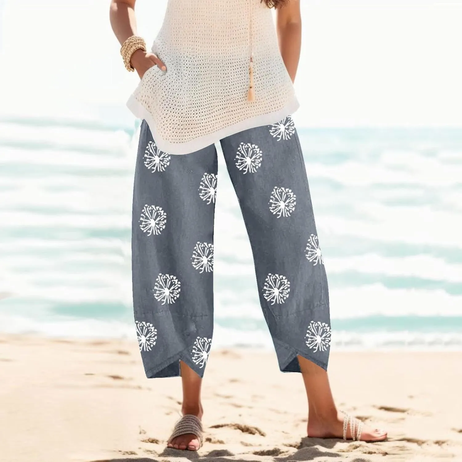 Cotton Linen Pants Women Casual Palazzo Trousers Baggy Wide Leg Pants Floral Print Summer Beach Vacation Pants with Pockets