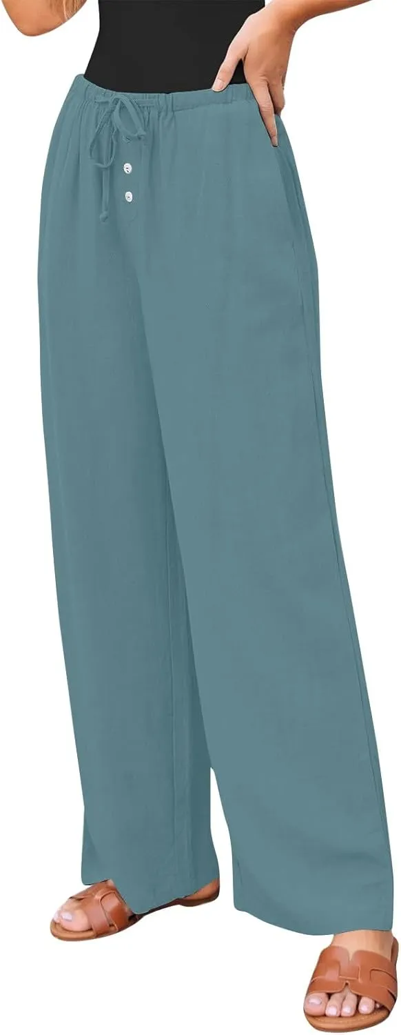Cotton Linen Pants Women Summer Casual Loose Beach Pants Drawstring Flowy Wide Leg Palazzo Trousers with Pockets