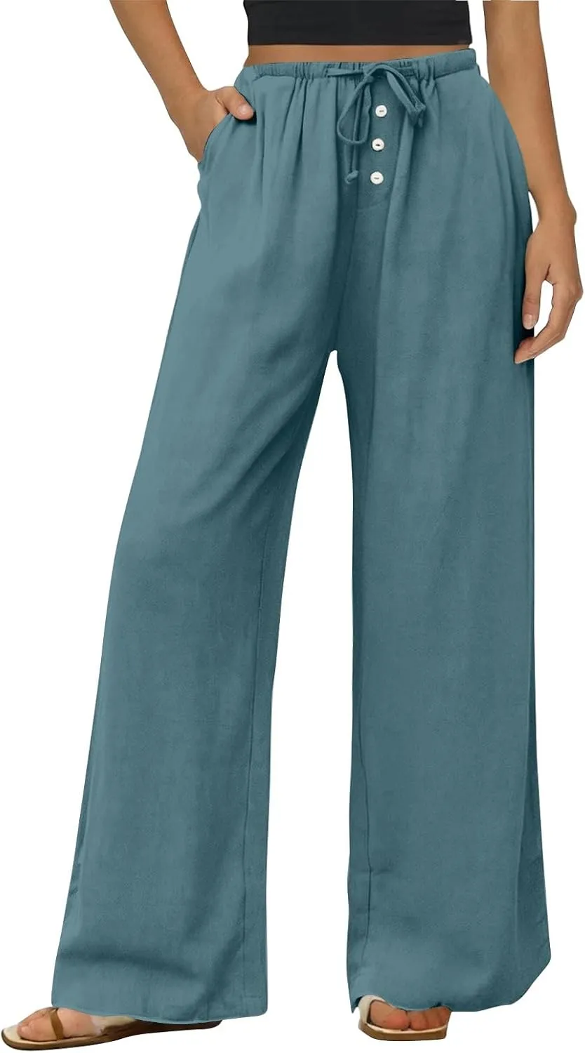 Cotton Linen Pants Women Summer Casual Loose Beach Pants Drawstring Flowy Wide Leg Palazzo Trousers with Pockets