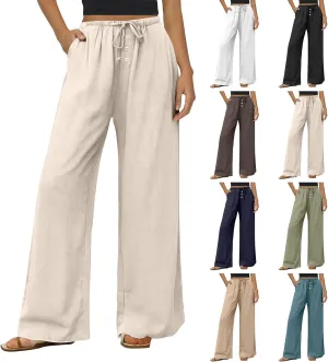 Cotton Linen Pants Women Summer Casual Loose Beach Pants Drawstring Flowy Wide Leg Palazzo Trousers with Pockets