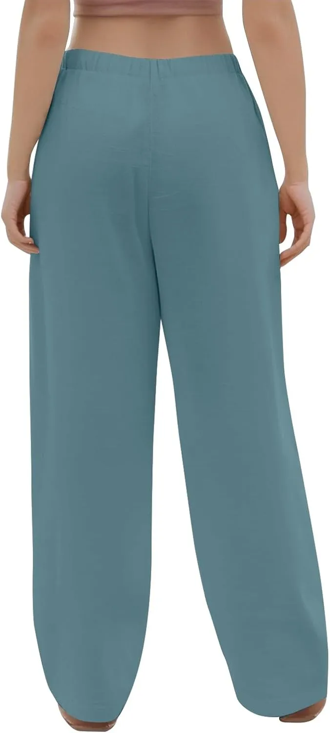 Cotton Linen Pants Women Summer Casual Loose Beach Pants Drawstring Flowy Wide Leg Palazzo Trousers with Pockets