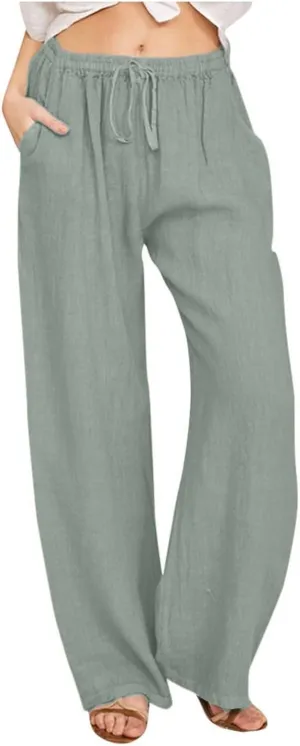 Cotton Linen Pants Women Summer Casual Wide Leg Loose Trousers Drawstring High Waist Palazzo Pants with Pocket