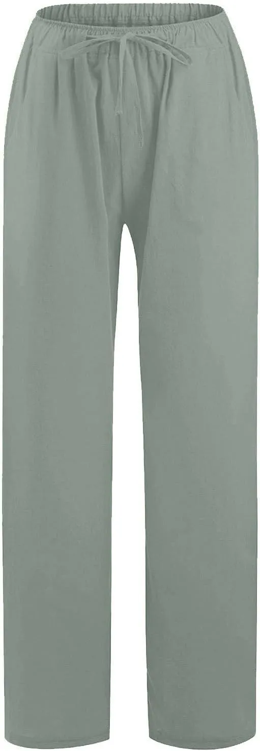 Cotton Linen Pants Women Summer Casual Wide Leg Loose Trousers Drawstring High Waist Palazzo Pants with Pocket