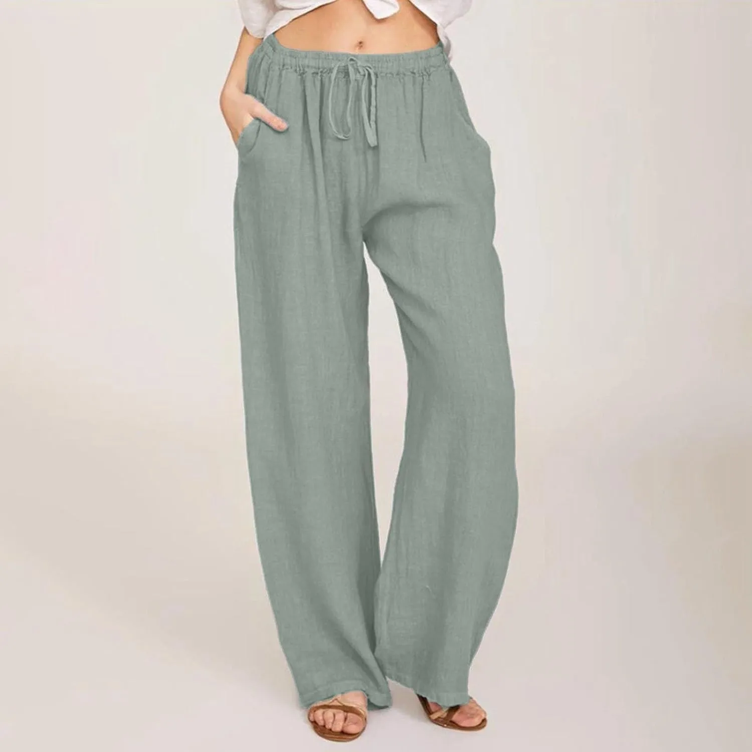 Cotton Linen Pants Women Summer Casual Wide Leg Loose Trousers Drawstring High Waist Palazzo Pants with Pocket