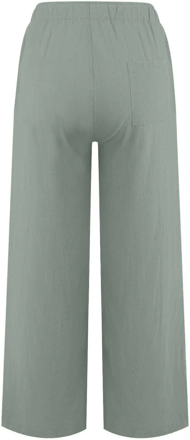 Cotton Linen Pants Women Summer Casual Wide Leg Loose Trousers Drawstring High Waist Palazzo Pants with Pocket