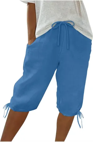 Cotton Linen Shorts for Women 2025 Trendy Casual Loose Beach Vacation Drawstring Bermuda Boho SweatShorts with Pocket