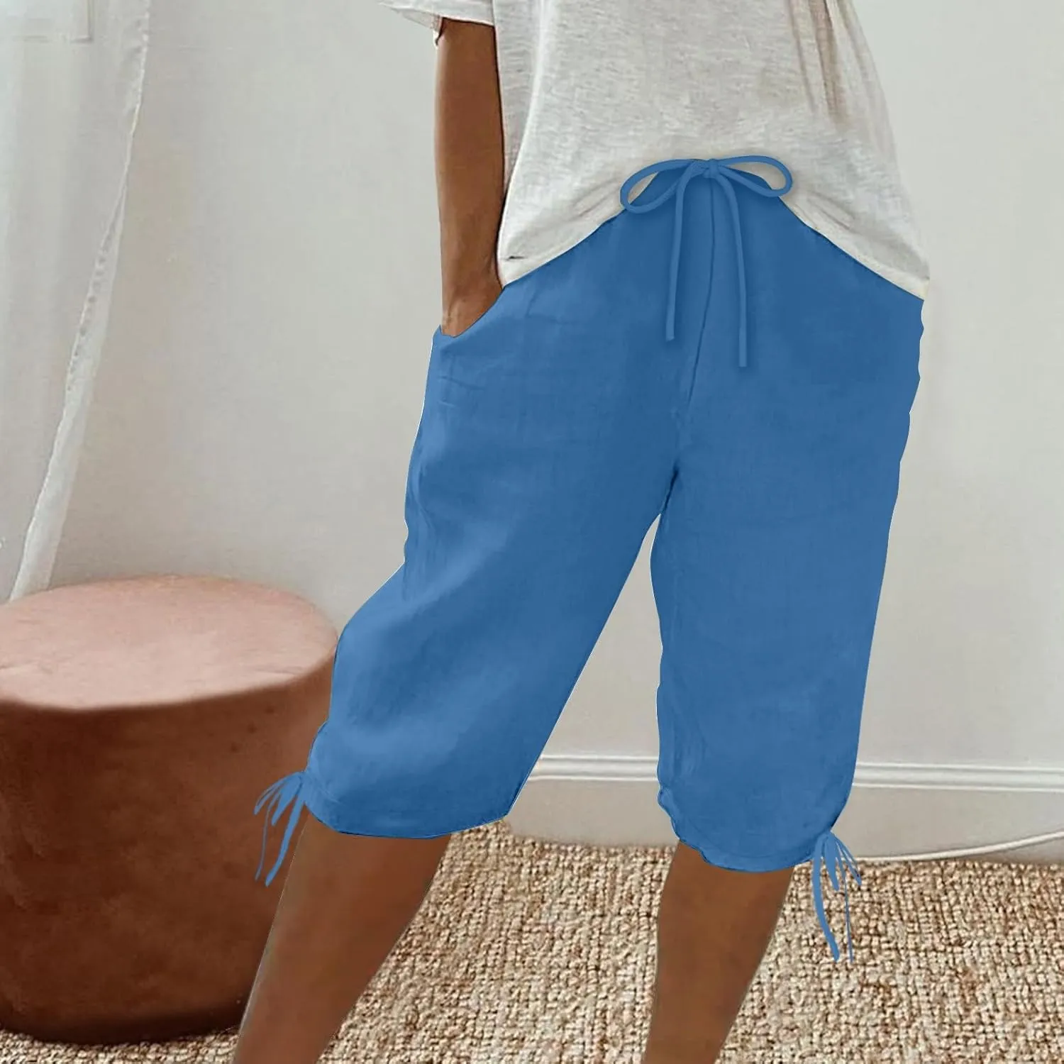 Cotton Linen Shorts for Women 2025 Trendy Casual Loose Beach Vacation Drawstring Bermuda Boho SweatShorts with Pocket