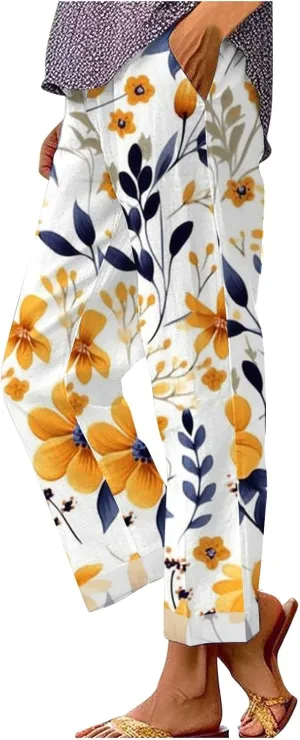 Cotton Pants for Women 2025 Summer Drawstring Lightweight Elastic High Waist Linen Pants Straight Wide Leg Capris