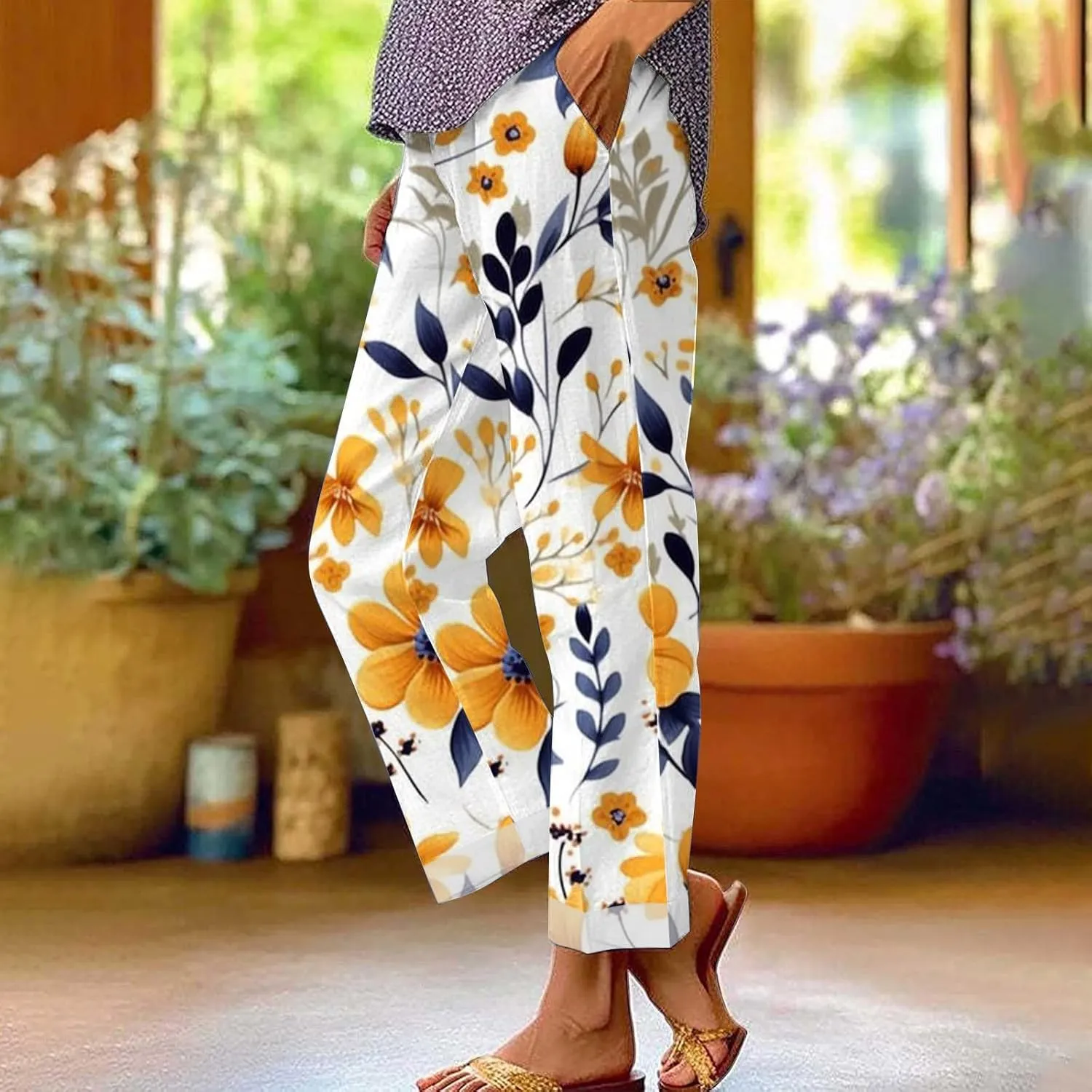 Cotton Pants for Women 2025 Summer Drawstring Lightweight Elastic High Waist Linen Pants Straight Wide Leg Capris