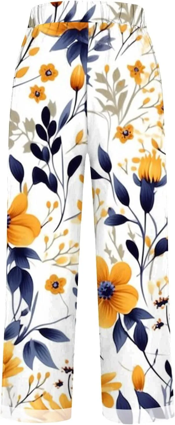 Cotton Pants for Women 2025 Summer Drawstring Lightweight Elastic High Waist Linen Pants Straight Wide Leg Capris