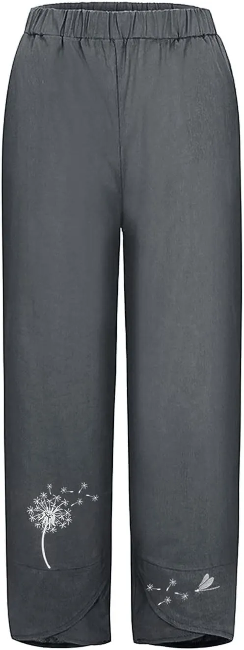Cropped Pants for Women Boho Summer High Waist Capri Pants Dandelion Print Comfy Straight Leg Lounge Pant with Pockets