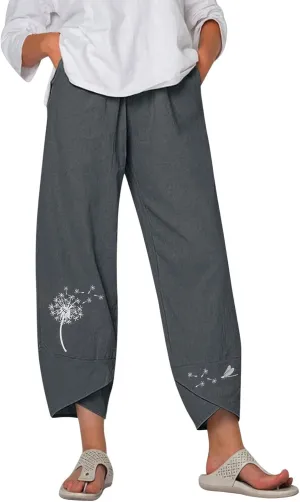 Cropped Pants for Women Boho Summer High Waist Capri Pants Dandelion Print Comfy Straight Leg Lounge Pant with Pockets