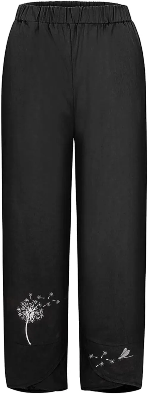 Cropped Pants for Women Boho Summer High Waist Capri Pants Dandelion Print Comfy Straight Leg Lounge Pant with Pockets