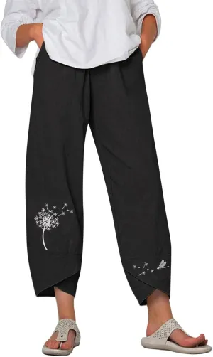 Cropped Pants for Women Boho Summer High Waist Capri Pants Dandelion Print Comfy Straight Leg Lounge Pant with Pockets