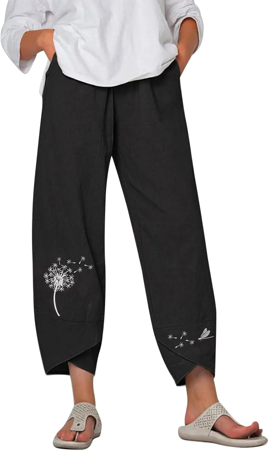 Cropped Pants for Women Boho Summer High Waist Capri Pants Dandelion Print Comfy Straight Leg Lounge Pant with Pockets