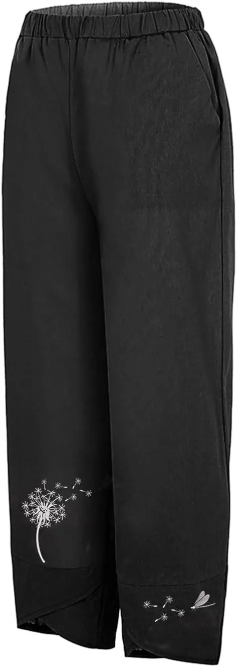 Cropped Pants for Women Boho Summer High Waist Capri Pants Dandelion Print Comfy Straight Leg Lounge Pant with Pockets