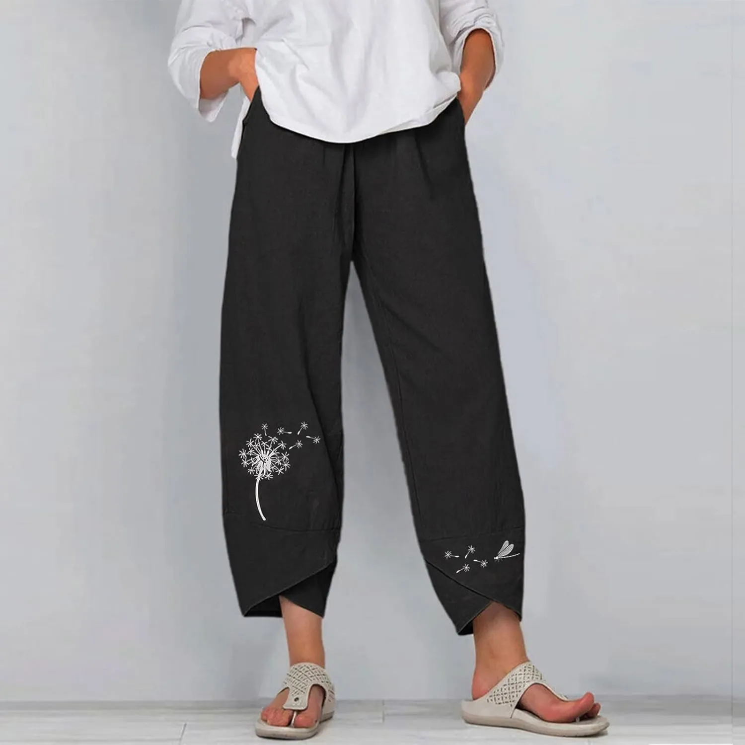 Cropped Pants for Women Boho Summer High Waist Capri Pants Dandelion Print Comfy Straight Leg Lounge Pant with Pockets