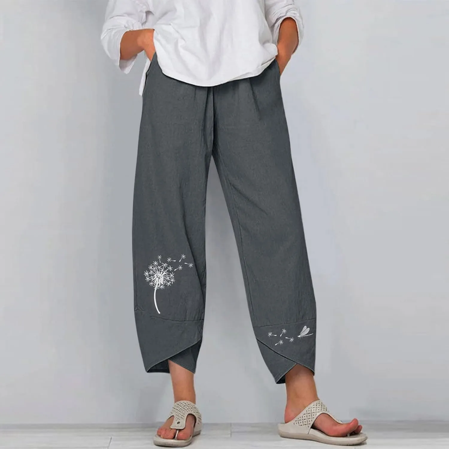 Cropped Pants for Women Boho Summer High Waist Capri Pants Dandelion Print Comfy Straight Leg Lounge Pant with Pockets