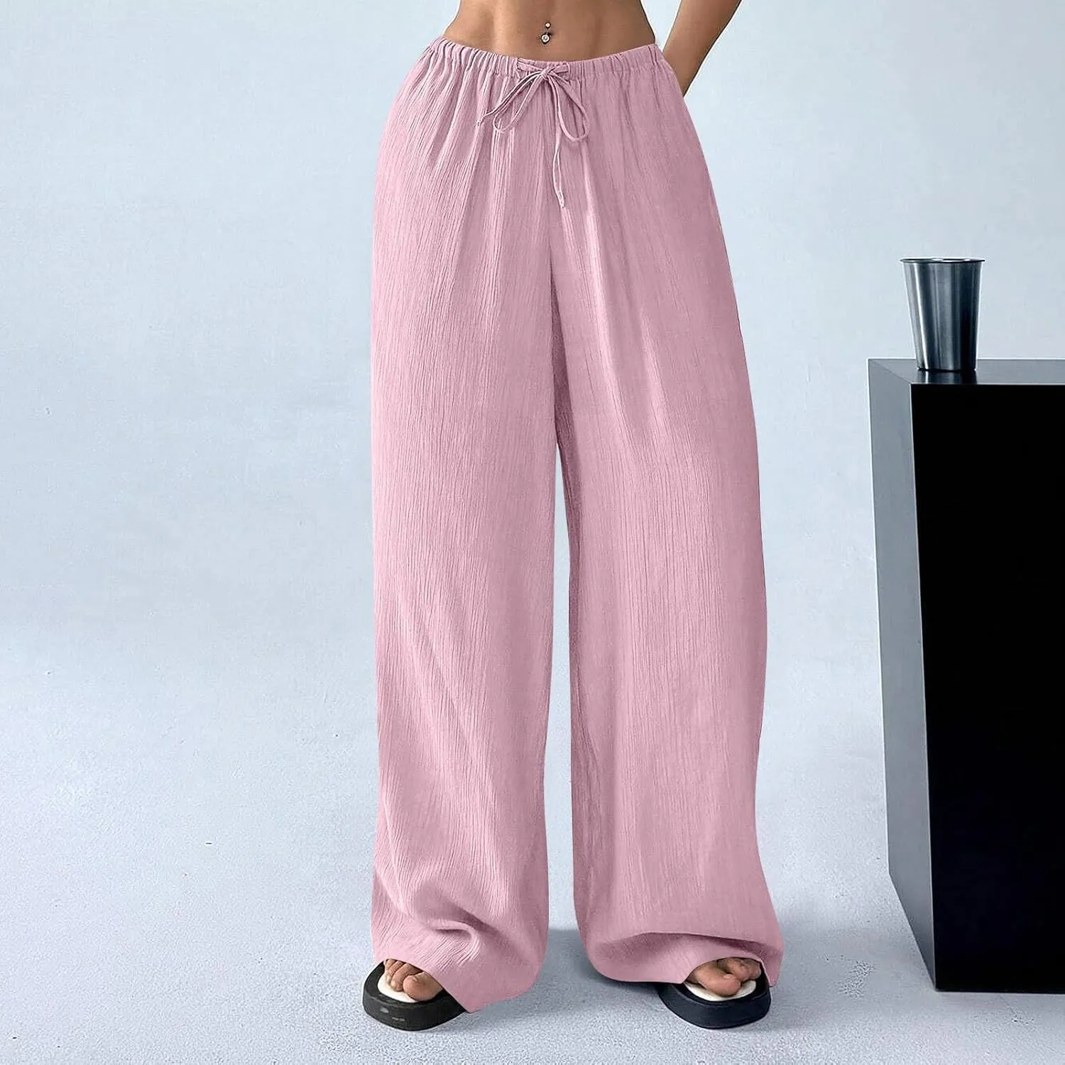 Cruise Pants for Women 2025 Vacation Outfits Drawstring Flowy Casual Pants with Pockets Wide Leg Lightweight Beach Sweatpants