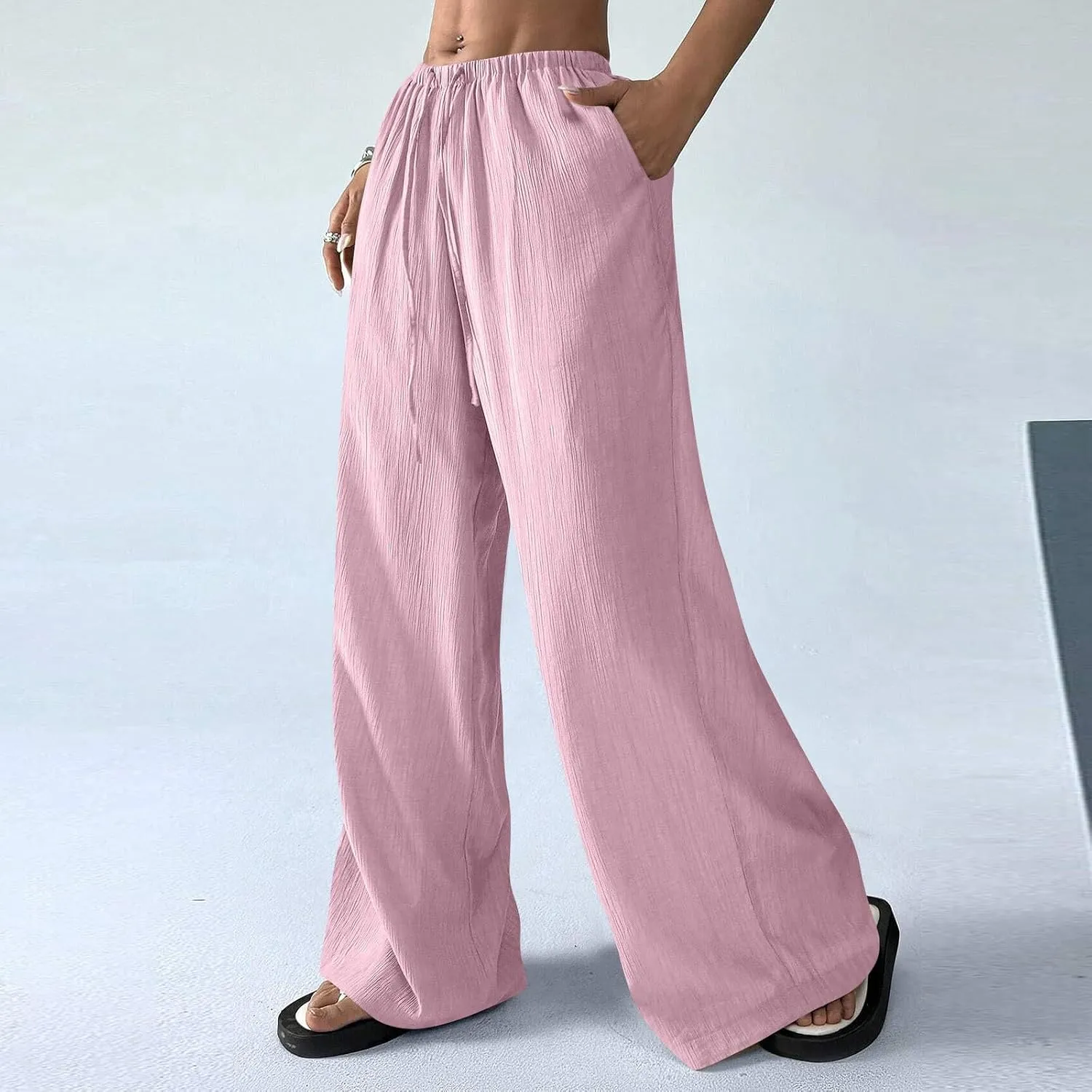 Cruise Pants for Women 2025 Vacation Outfits Drawstring Flowy Casual Pants with Pockets Wide Leg Lightweight Beach Sweatpants